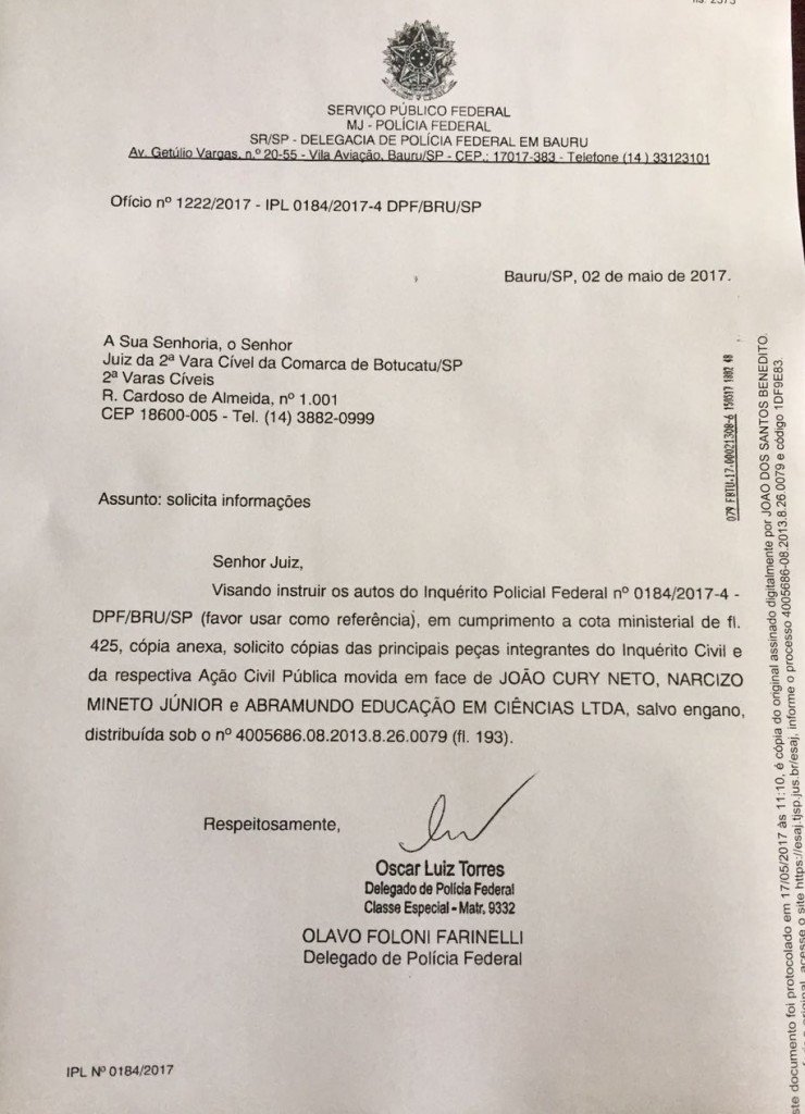 Documento emitido pela Polícia Federal onde requer os documentos do processo do "Caso Sangari"