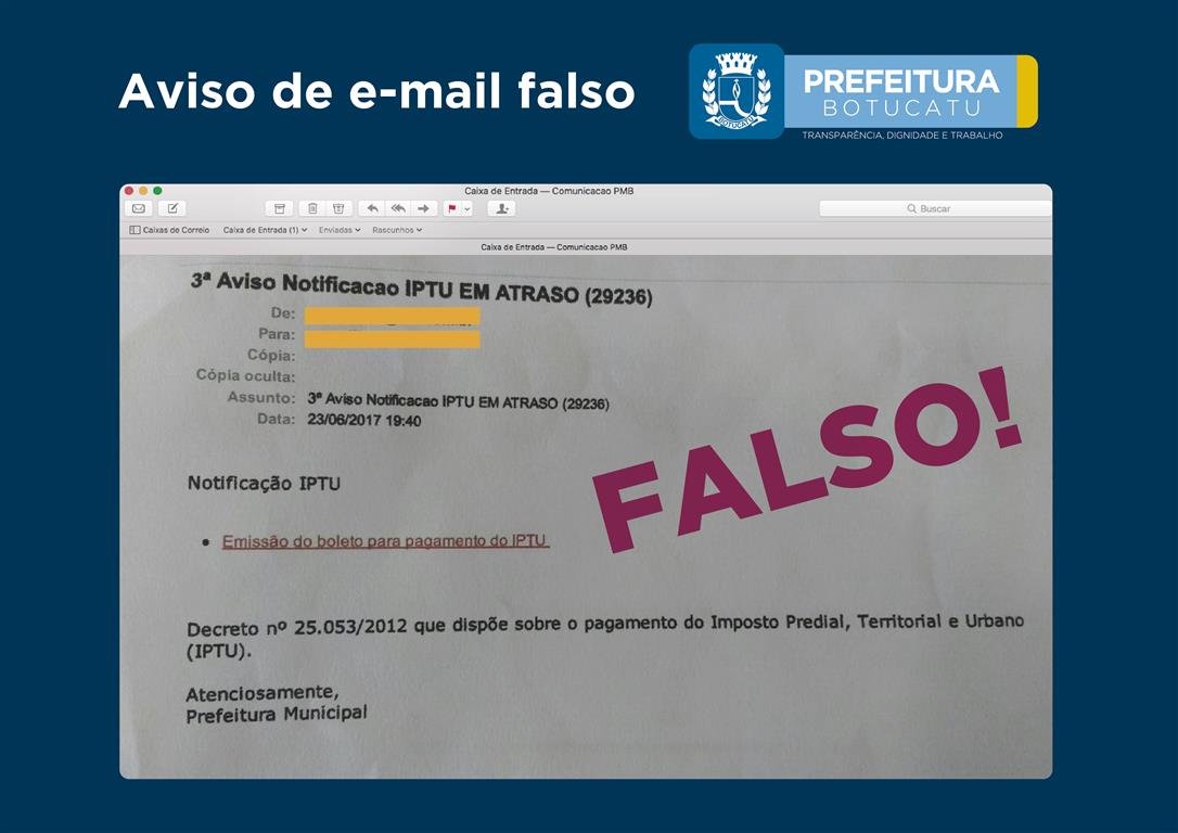 Prefeitura alerta sobre golpe de cobrança falsa de IPTU via e-mail