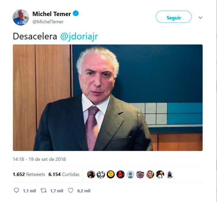 Temer divulga vídeo rebatendo críticas de João Dória ao seu governo