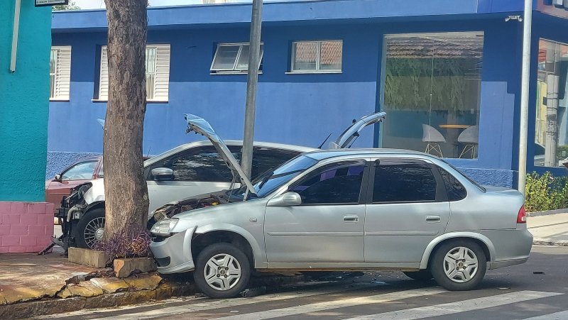Carros colidem em cruzamento e param por causa de árvore