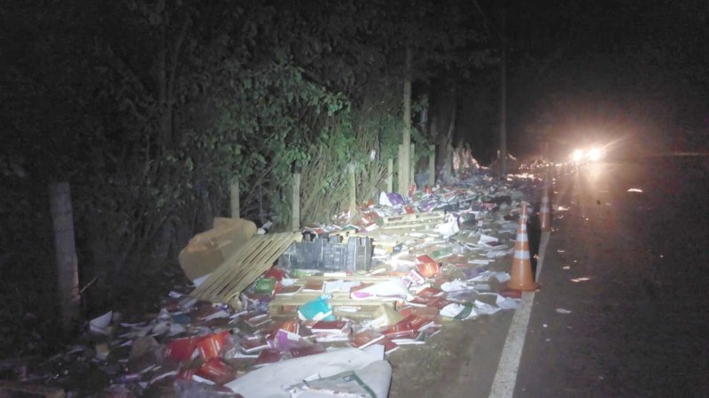 Carga de livros espalhada por rodovia após caminhão quase tombar