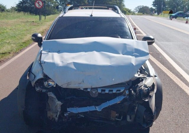 Motorista não respeita parada obrigatória  e caminhonetes colidem em acesso de rodovia