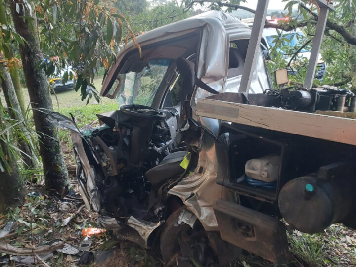 Caminhão bate contra árvore na Rondon e motorista fica preso às ferragens