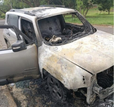 SUV tem falha mecânica e pega fogo em avenida